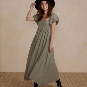 Rylee + Cru Olive Maxi Dress with Puff Sleeves